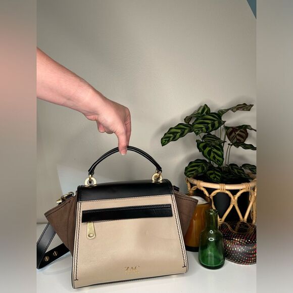 ZAC Zac Posen Eartha Top Handle Leather & Suede Satchel Cream Black Tan - Picture 6 of 15